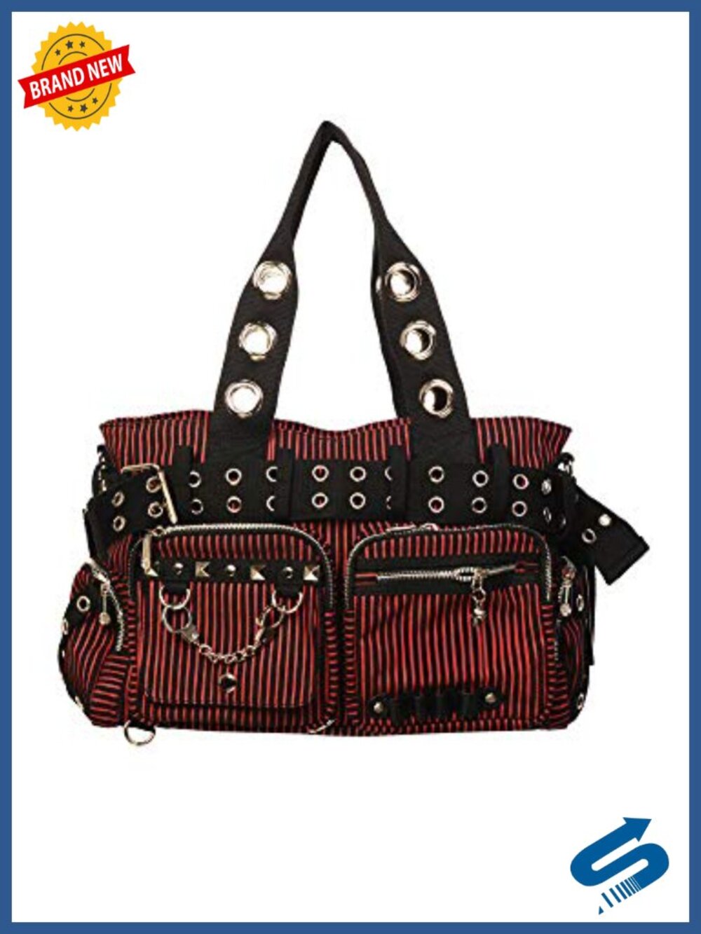 Striped Punk Rock Steampunk Hobo Shoulder Bag with Handcuff Skull Charm